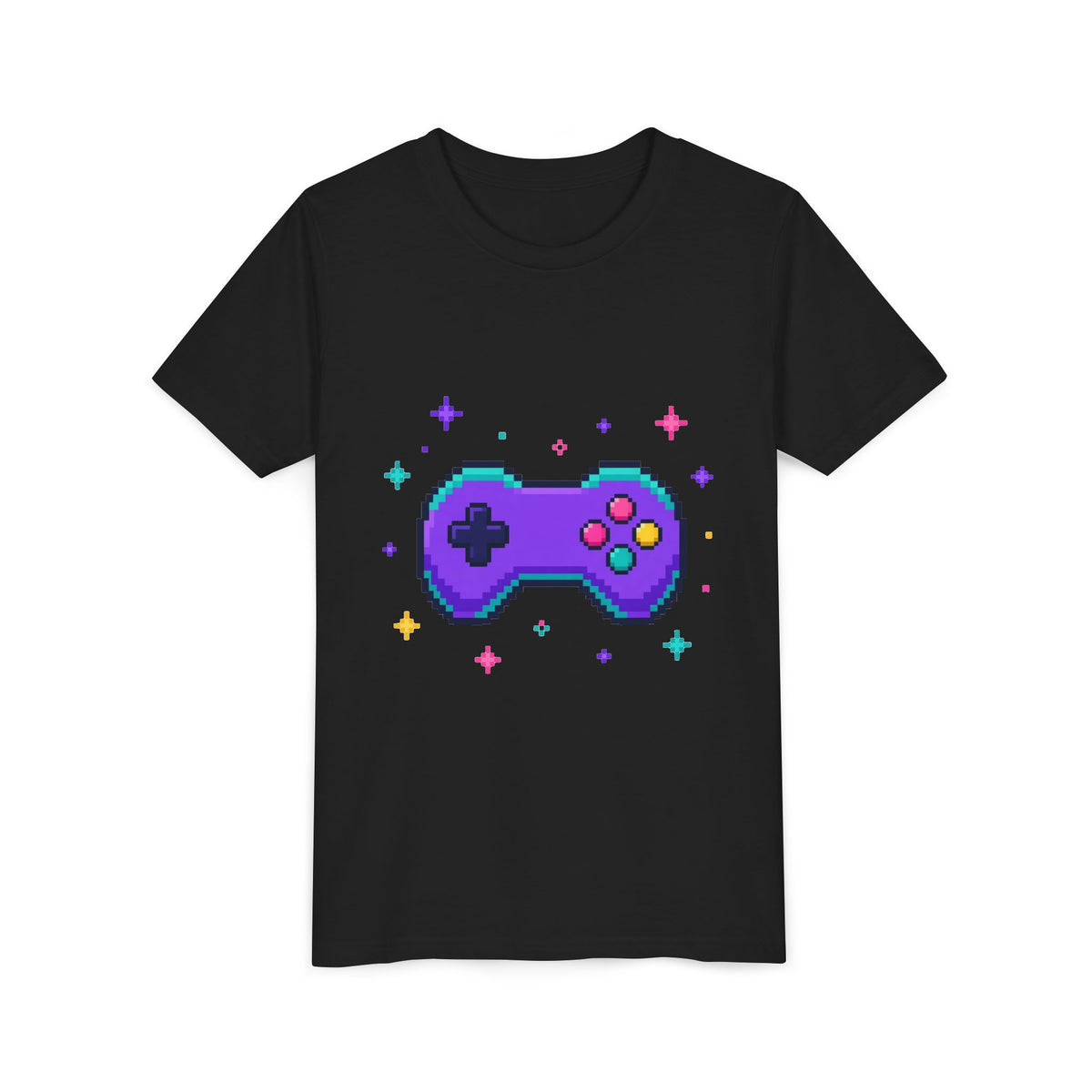 Kids graphic t-shirt in black with pixel game controller design in teal and purple