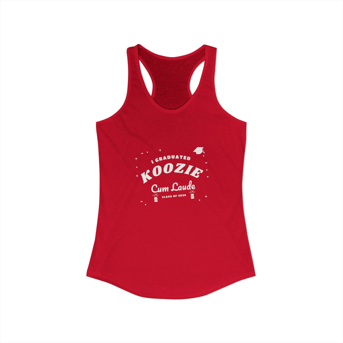 Red racerback tank top with graduation slogan graphic on the front