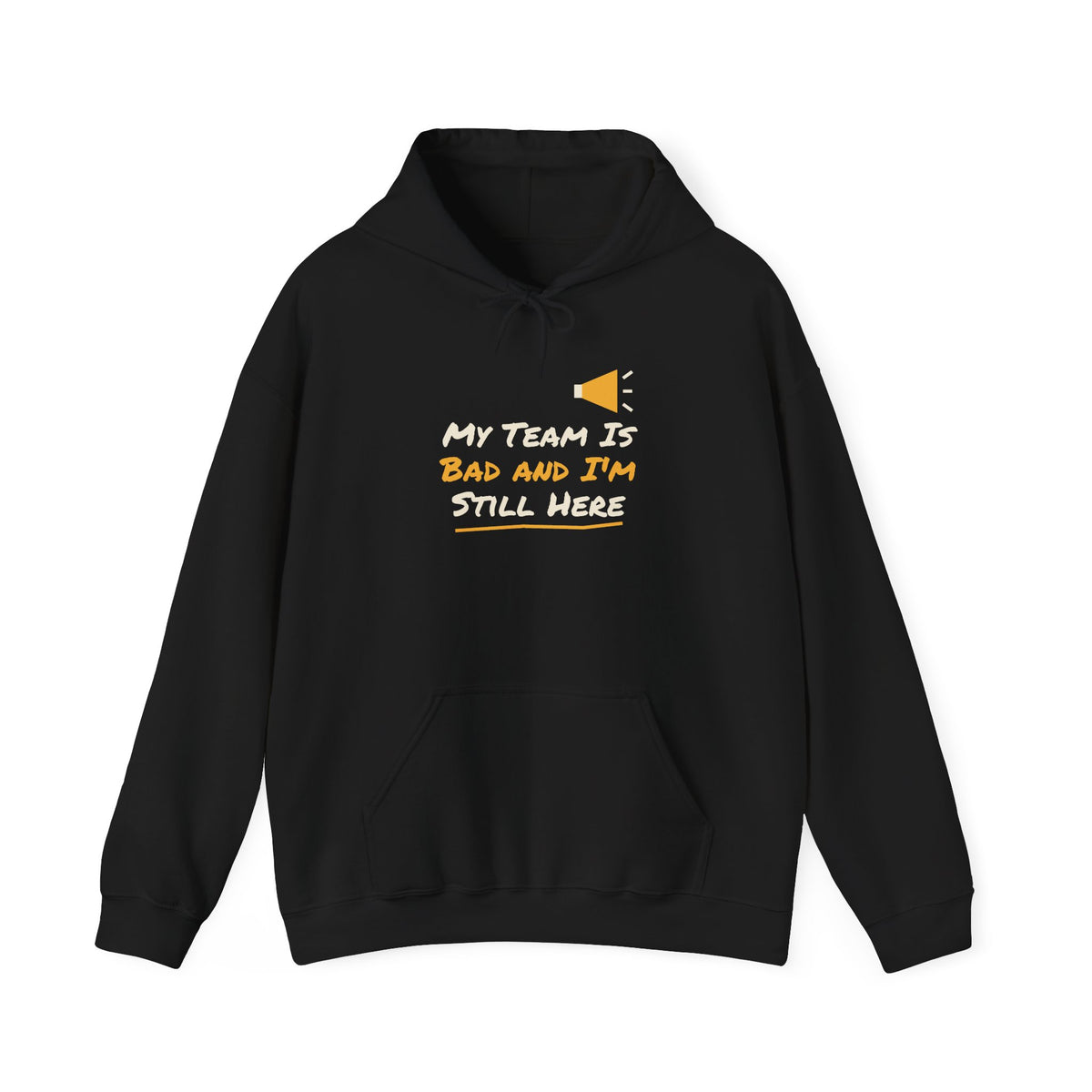 Black college hoodie with front pocket and chest slogan graphic