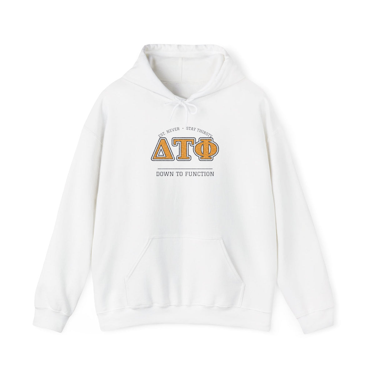 White pullover hoodie with ΔΤΦ graphic and kangaroo pocket
