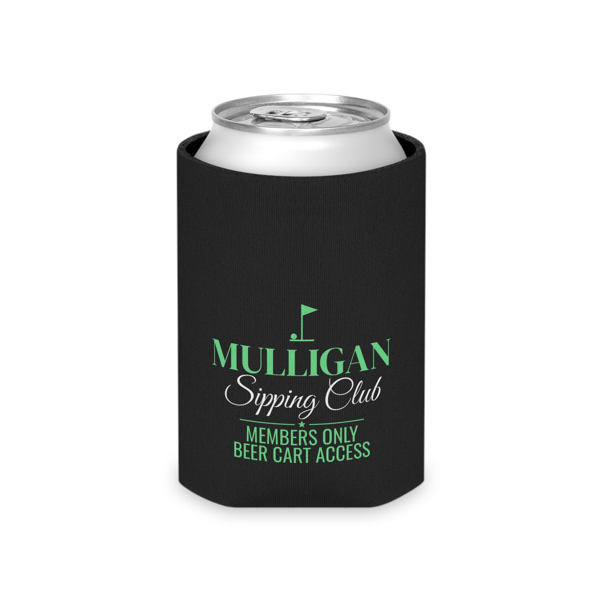 Black can koozie fits a drink can; green Mulligan Sipping Club logo centered.