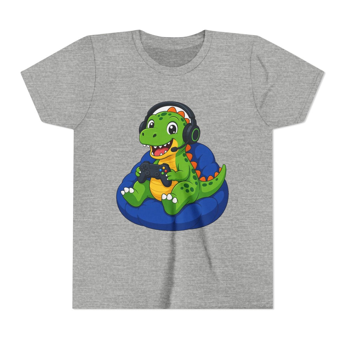 Heather gray kids t-shirt with green dinosaur gamer graphic