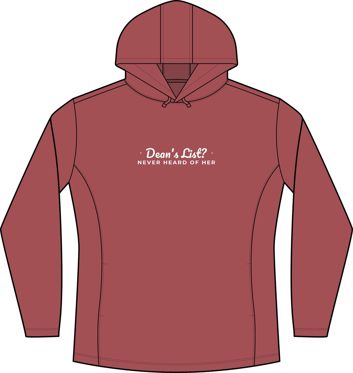 Deep red heather women's pullover hoodie with hood, drawstring, kangaroo pocket, front graphic