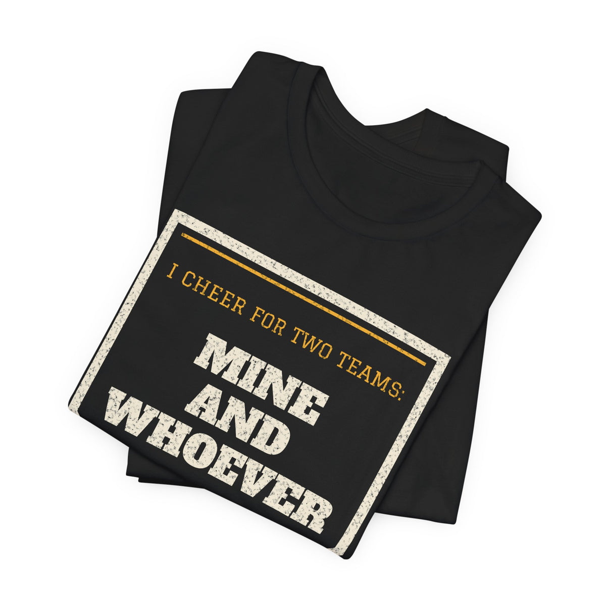 Black crewneck T-shirt with “Mine and whoever” rival graphic on the chest.