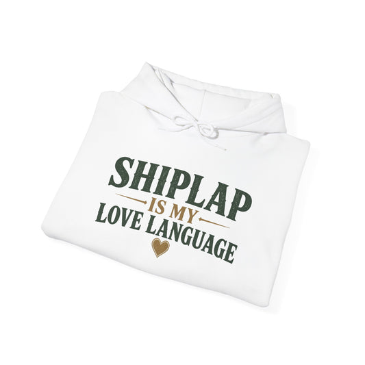 Baylor folded white hoodie with 'SHIPLAP is my LOVE LANGUAGE' graphic and heart
