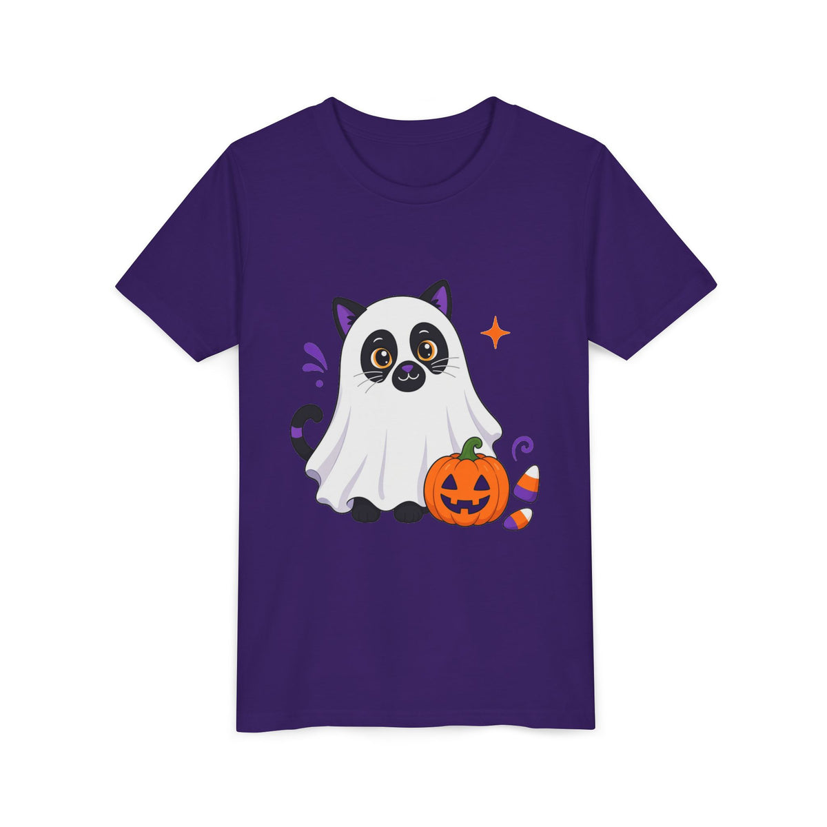 Kids Halloween tee, purple with ghost cat graphic and orange pumpkin