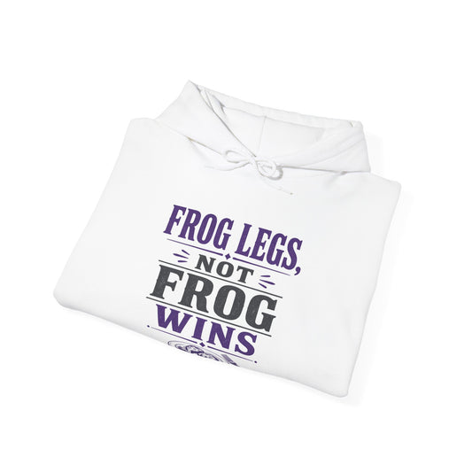 White folded hoodie with "FROG LEGS NOT FROG WINS" front graphic