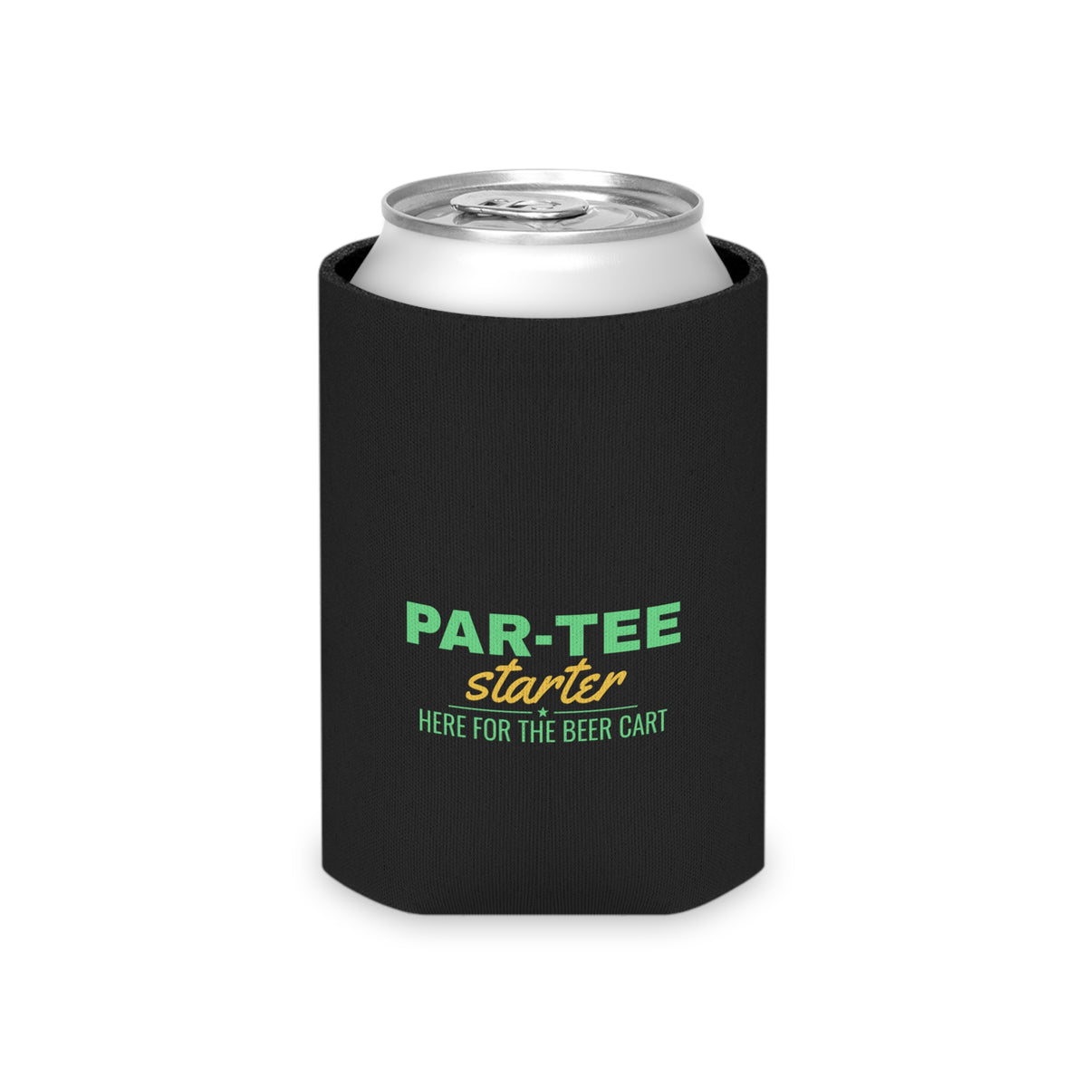 Black can cooler koozie on a can, featuring PAR-TEE Starter and beer cart text