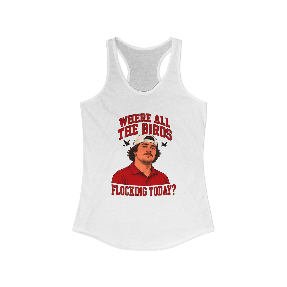 White racerback tank top with front bird-themed graphic, scoop neckline