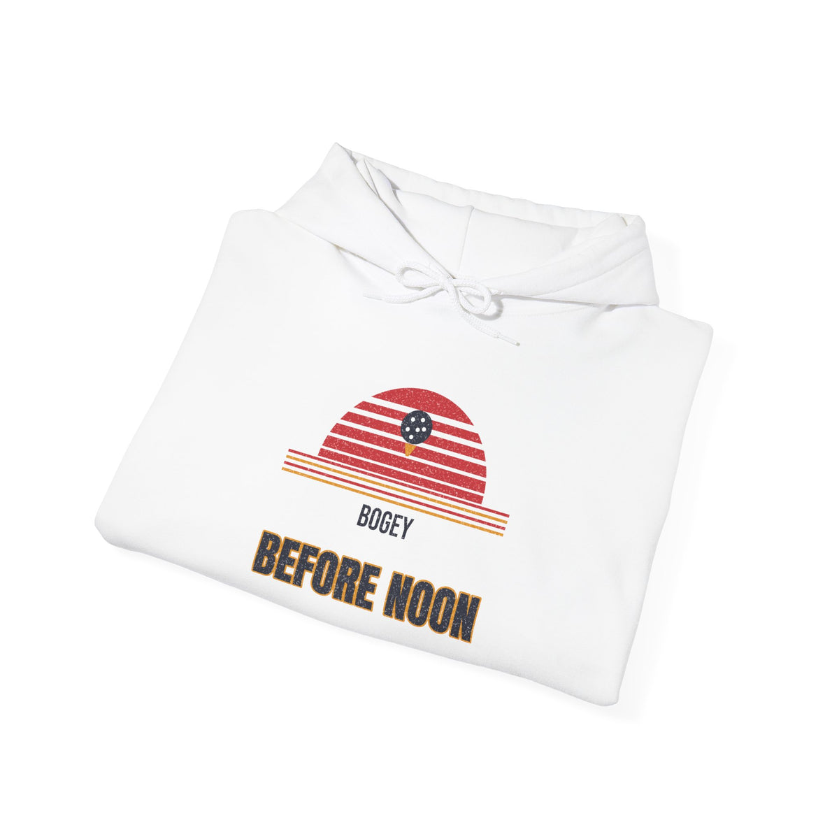 White pullover hoodie with kangaroo pocket, drawstring hood, and golf graphic on chest
