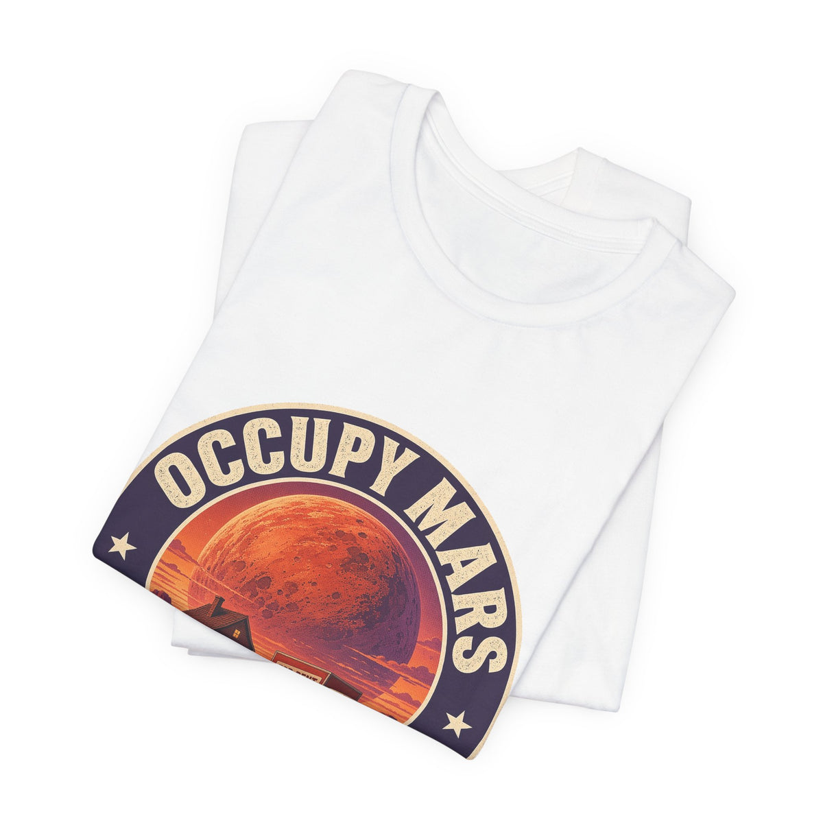 White crewneck tee shirt with large round Mars-themed logo print