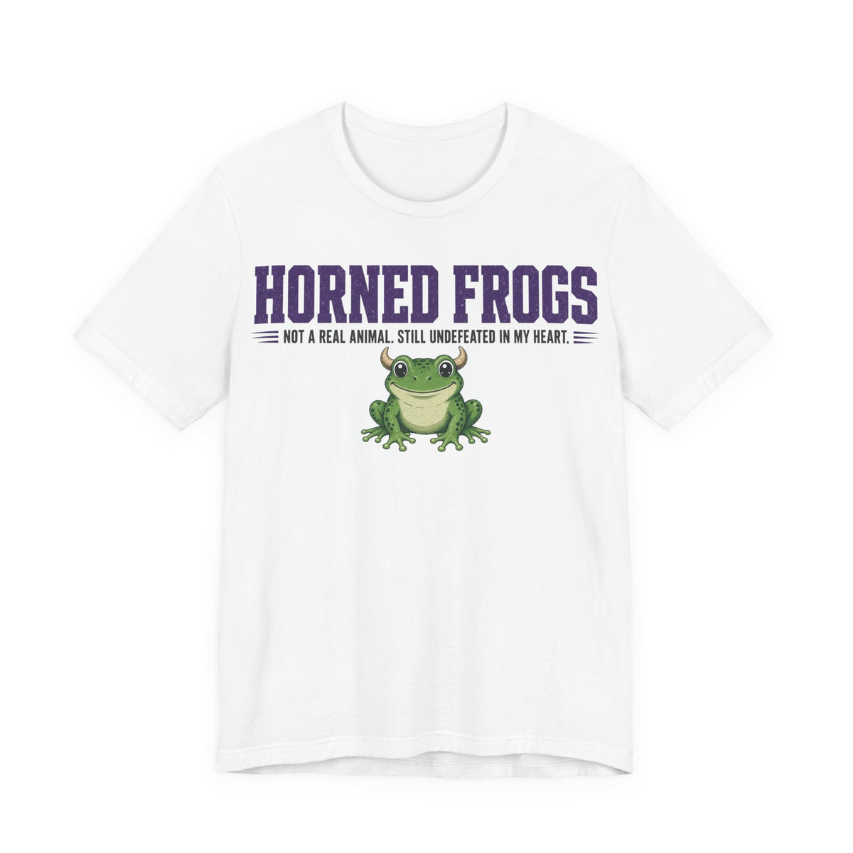 White graphic t-shirt with purple 'Horned Frogs' text and green frog illustration