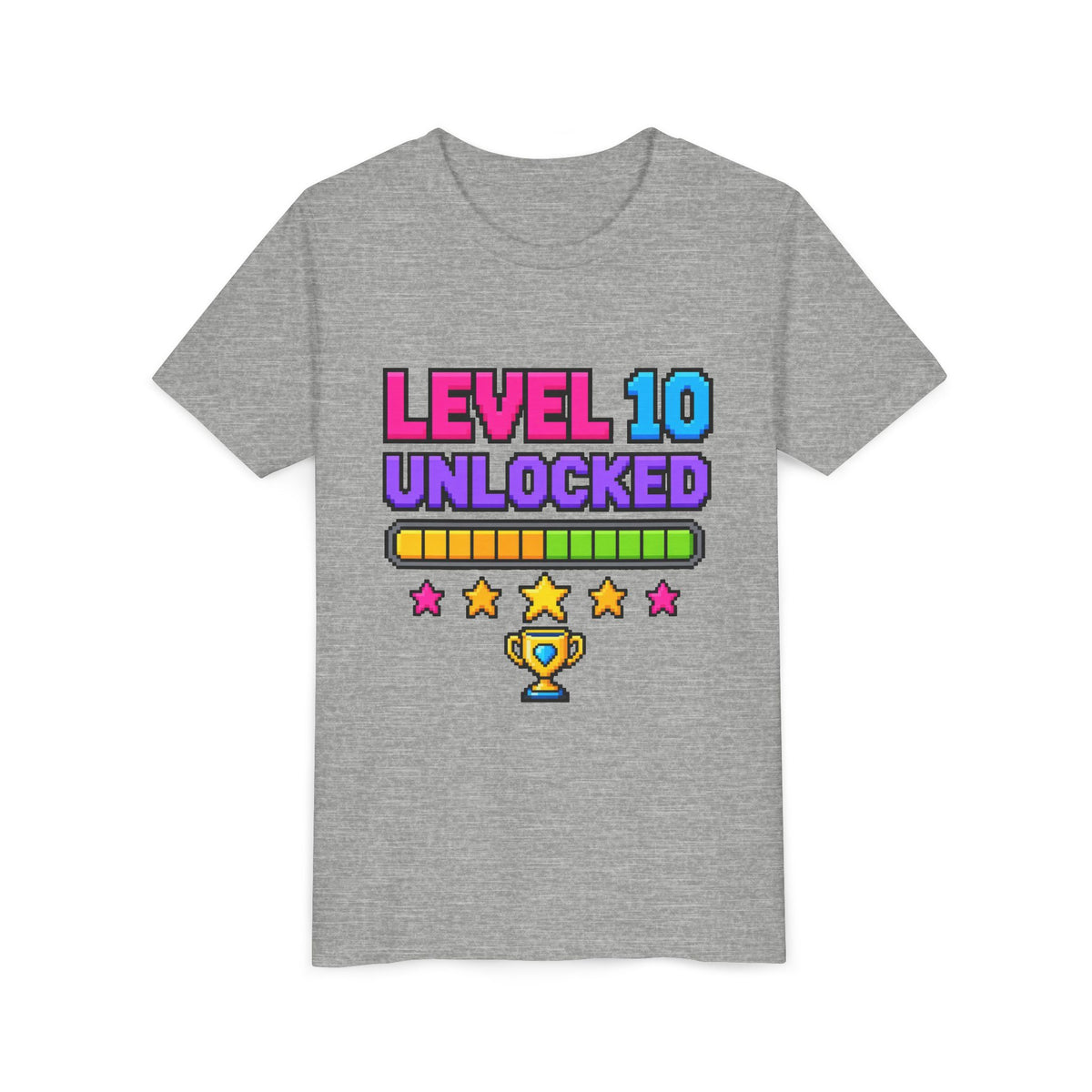 Kids heather gray graphic tee with colorful “Level 10 Unlocked” trophy print