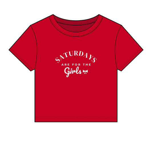 Girls' red crop top with 'Saturdays are for the Girls' front graphic