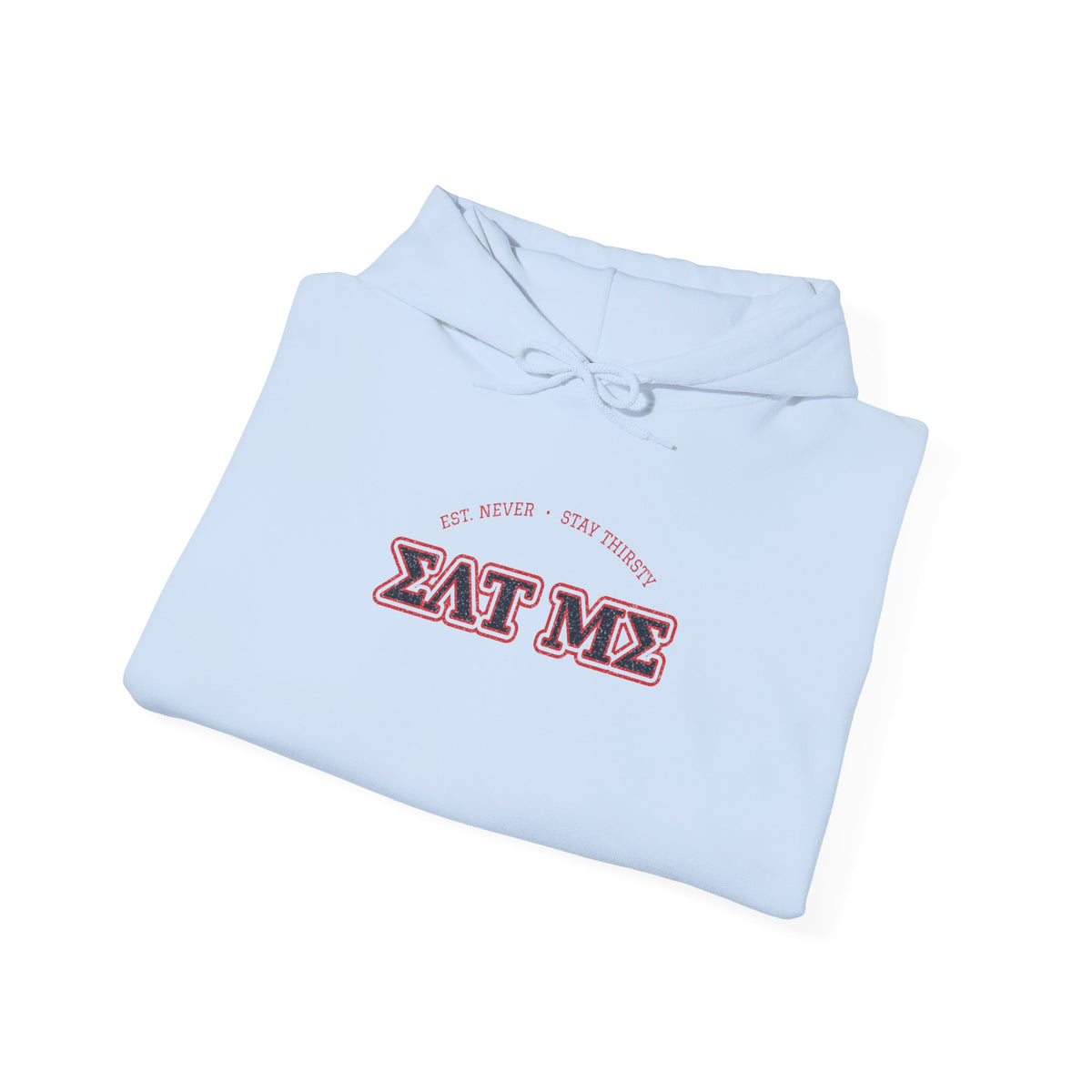 Light blue hoodie with 'EAT ME' front graphic and drawstring hood