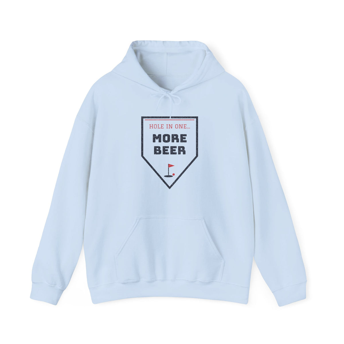 Light blue hoodie with pocket and 'More Beer' graphic