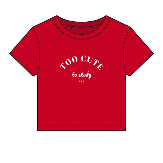 Red crop top with "TOO CUTE to study" graphic on front