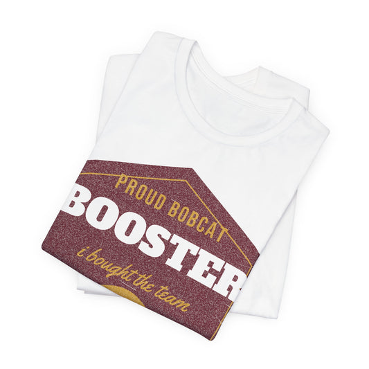 White crewneck T-shirt with maroon “Proud Booster” breakfast tacos graphic, folded