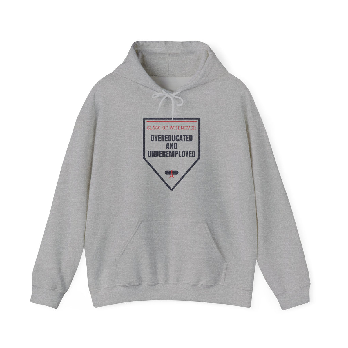 Gray pullover hoodie with front pocket, drawstring hood, and graduation-style graphic