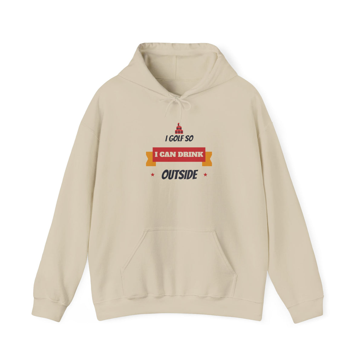 Cream pullover hoodie with front pocket and “I can drink outside” graphic