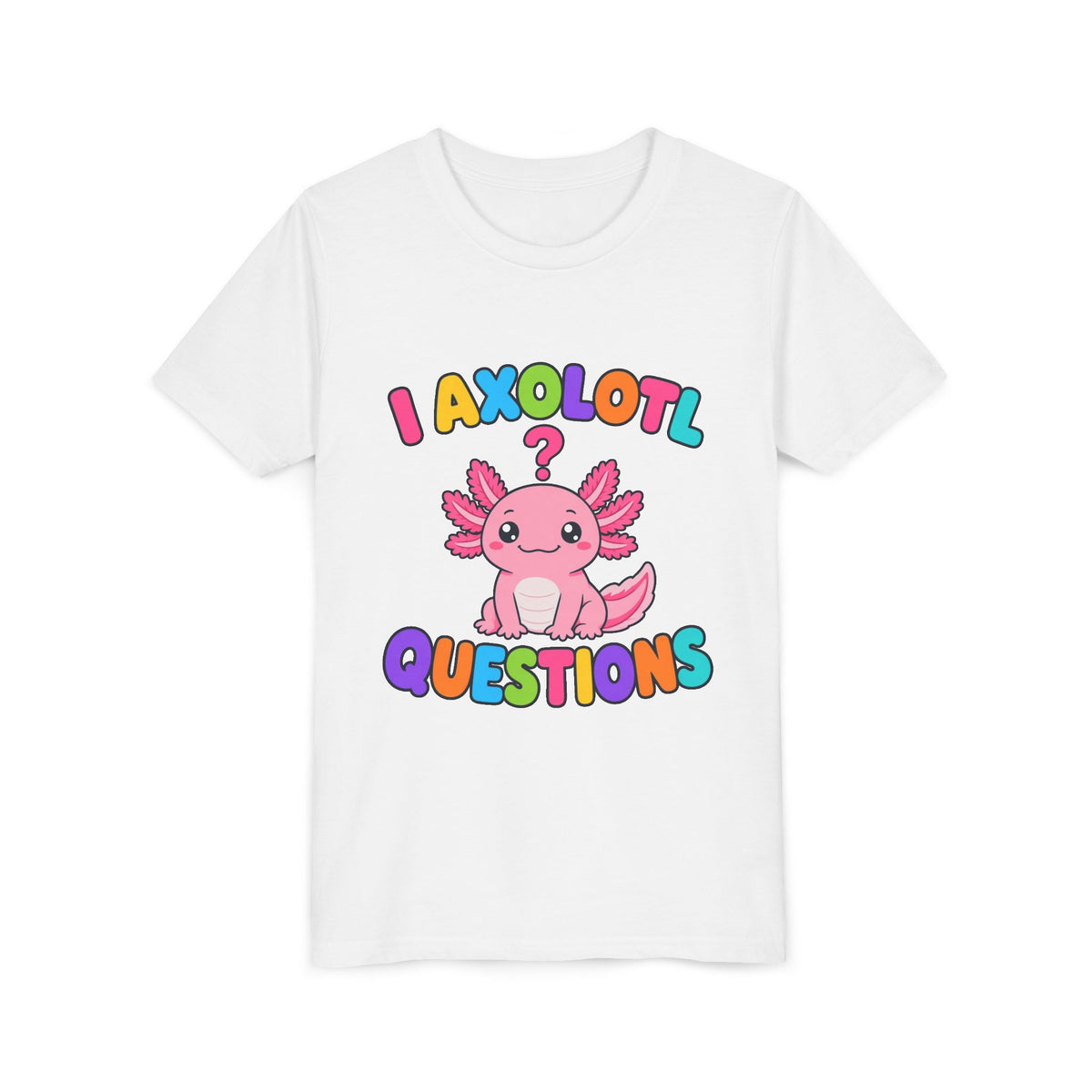 Kids white T-shirt front with colorful axolotl 'Questions' graphic