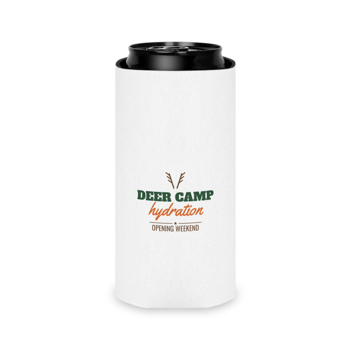 White hydration koozie with black rim top and deer camp hydration opening weekend text