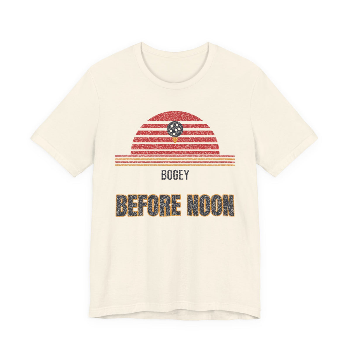 Cream t-shirt with red golf-striped graphic and text: BOGEY BEFORE NOON