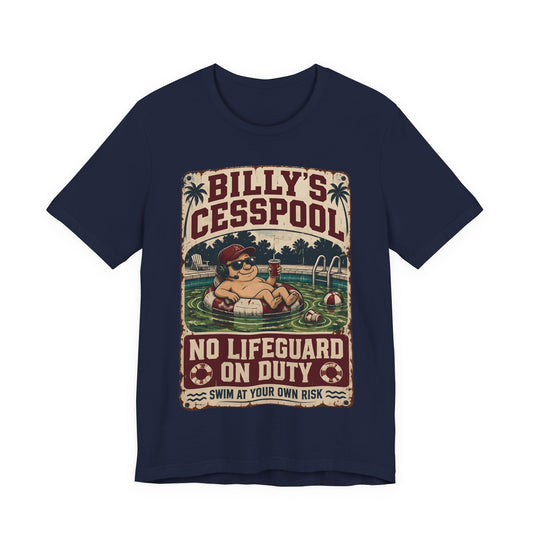 Navy T-shirt with Billy's Cesspool lifeguard graphic on front