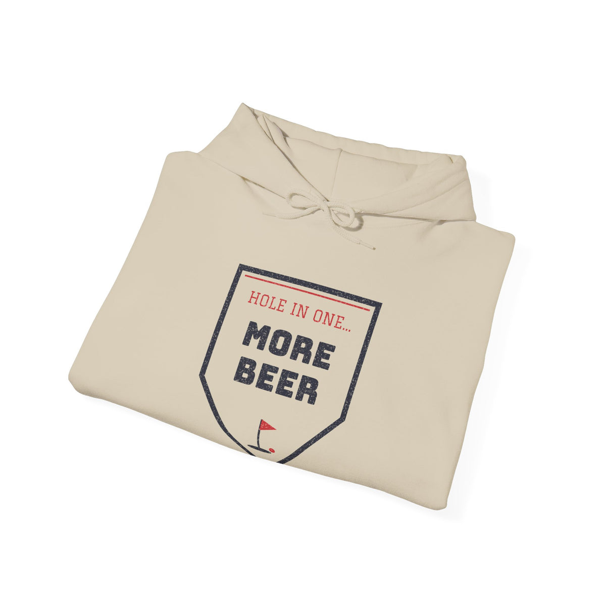 Sand beige hoodie with front pocket and “MORE BEER” shield graphic