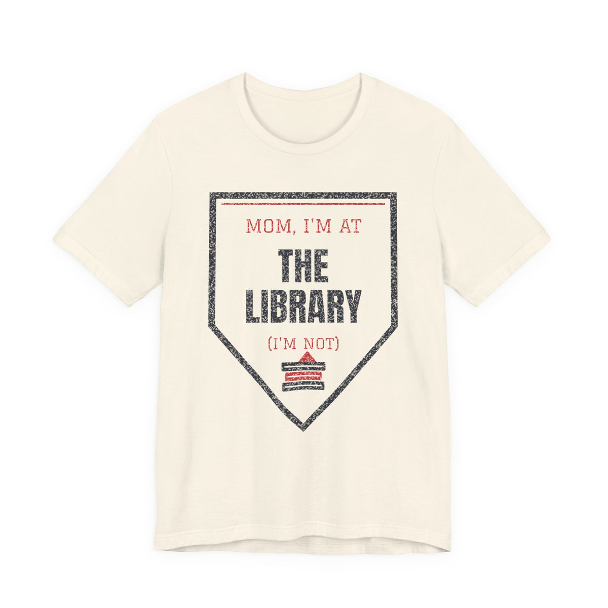 Natural graphic t-shirt with triangular "I'm at the library" text print