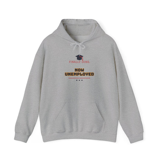 Sport grey pullover hoodie with graduation graphic and slogan, front pocket, drawstring hood.