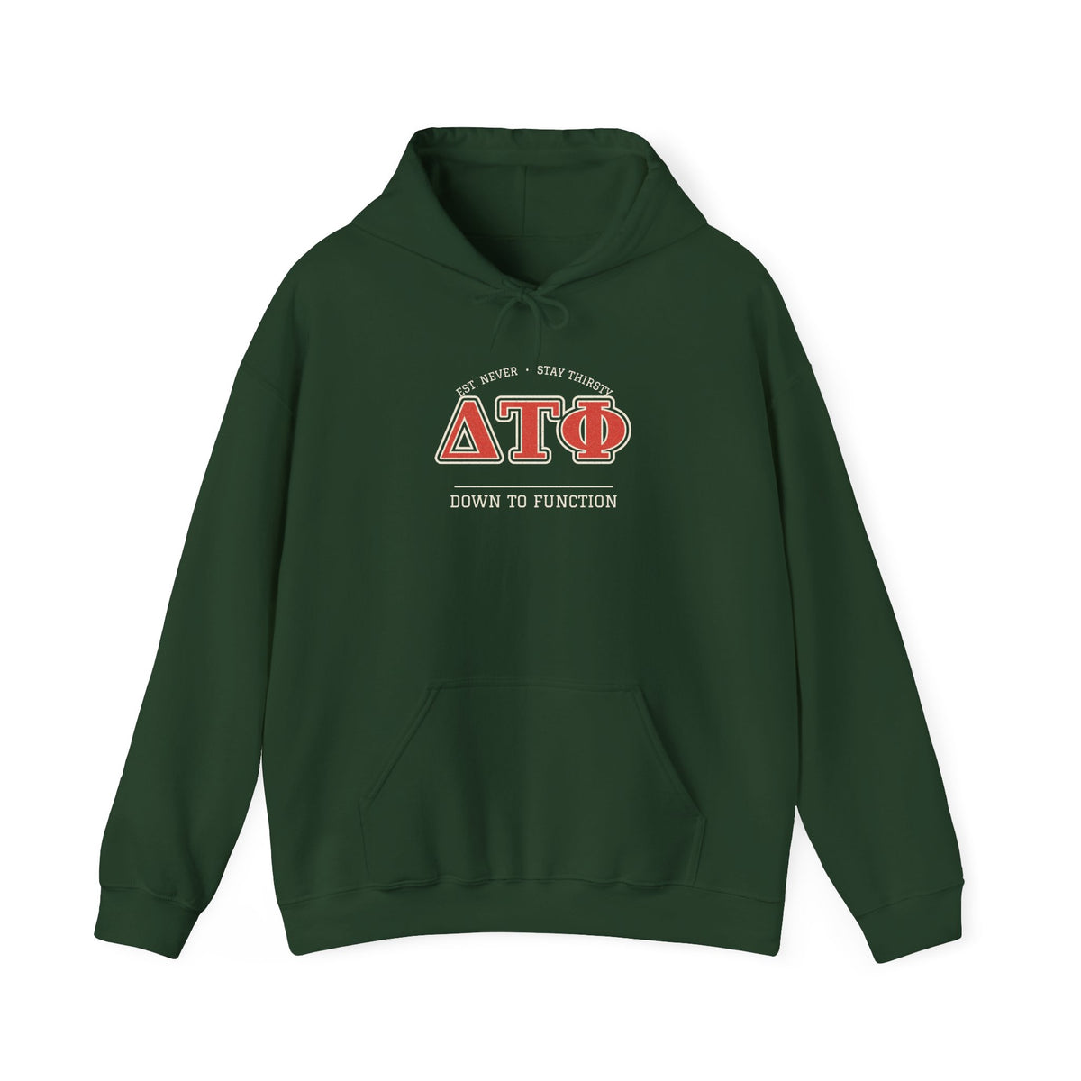 Forest green hoodie with Greek letter graphic and kangaroo pocket