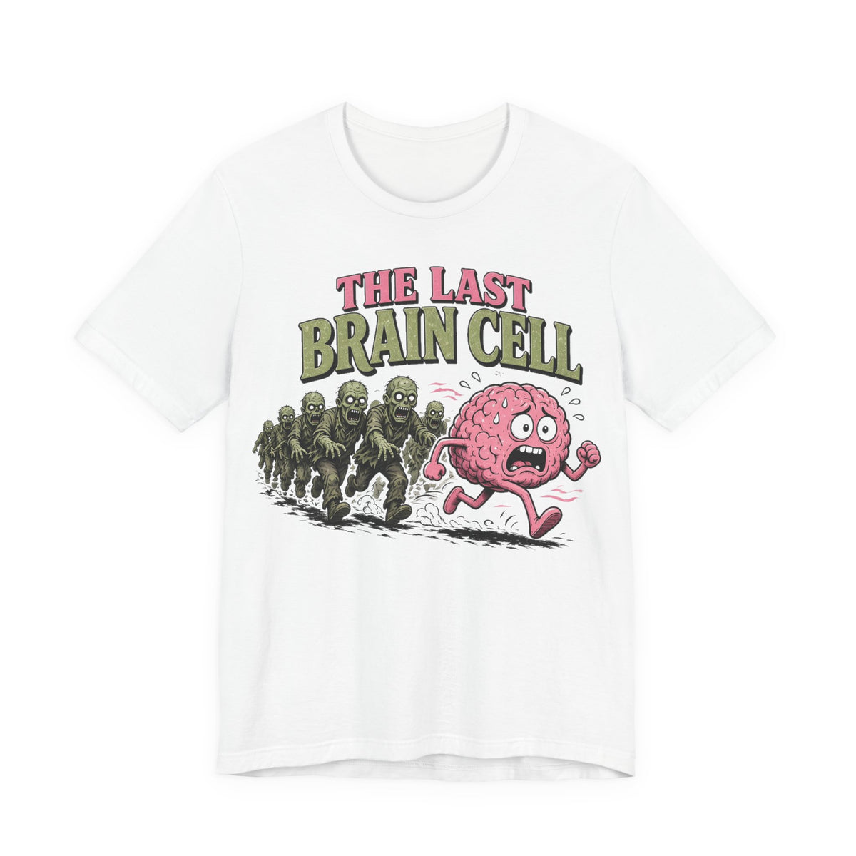 White crew-neck tee with colorful brain-cell and zombie robot graphic