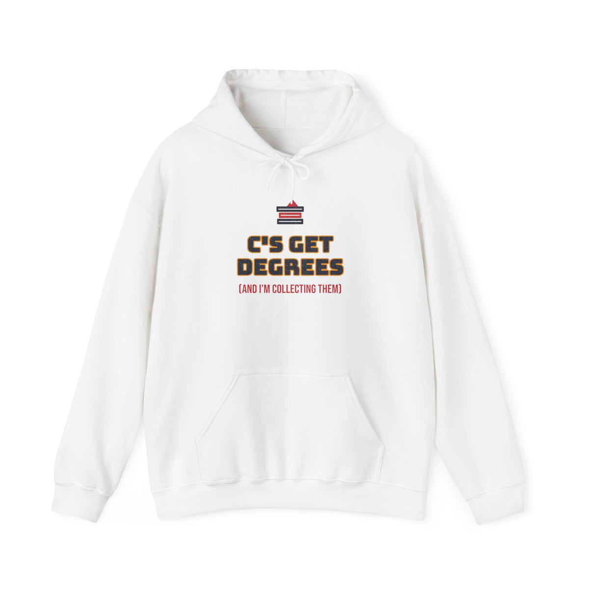 White pullover hoodie with front graduation-themed graphic, hood, and kangaroo pocket