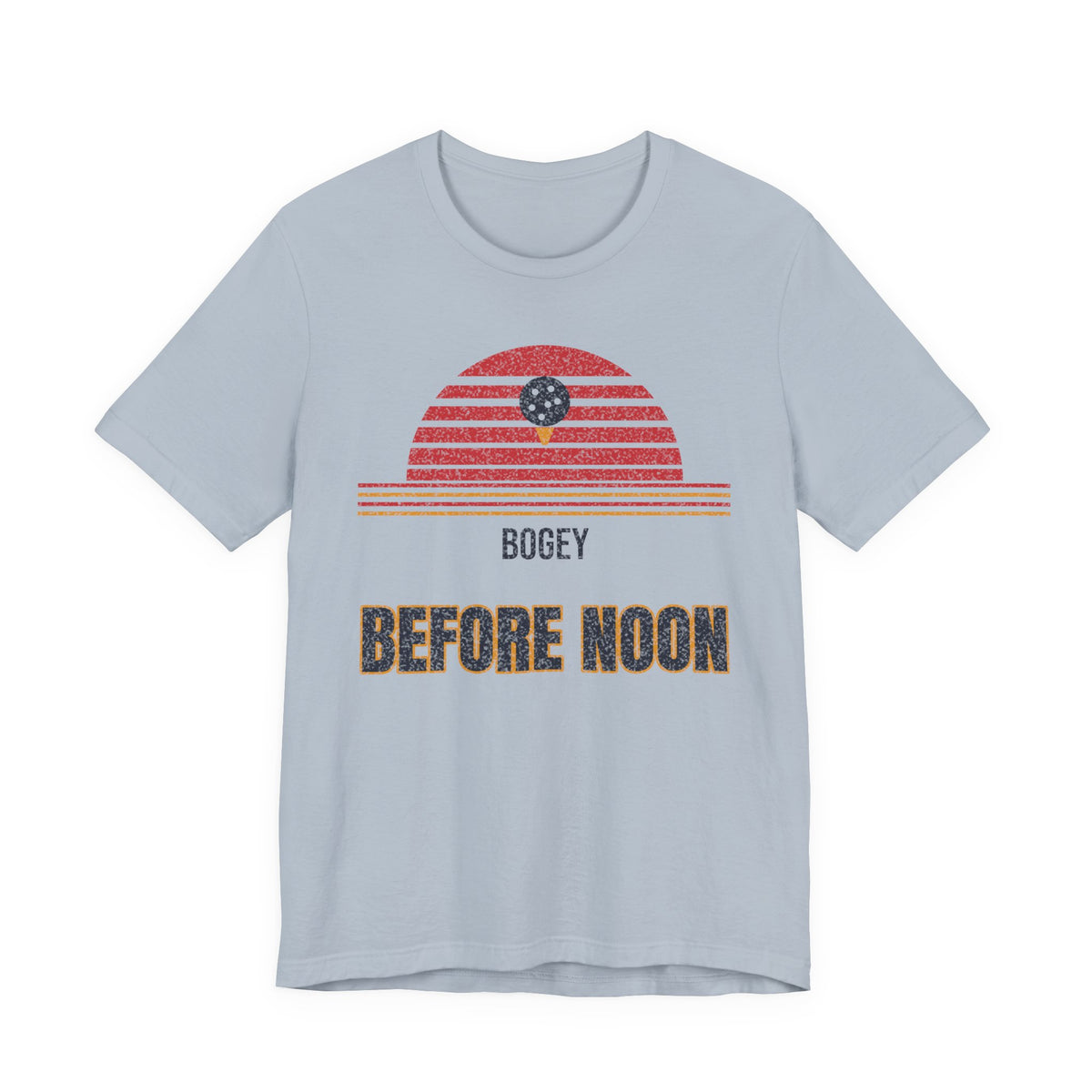 Light blue t-shirt with red golf-striped graphic and text: BOGEY BEFORE NOON