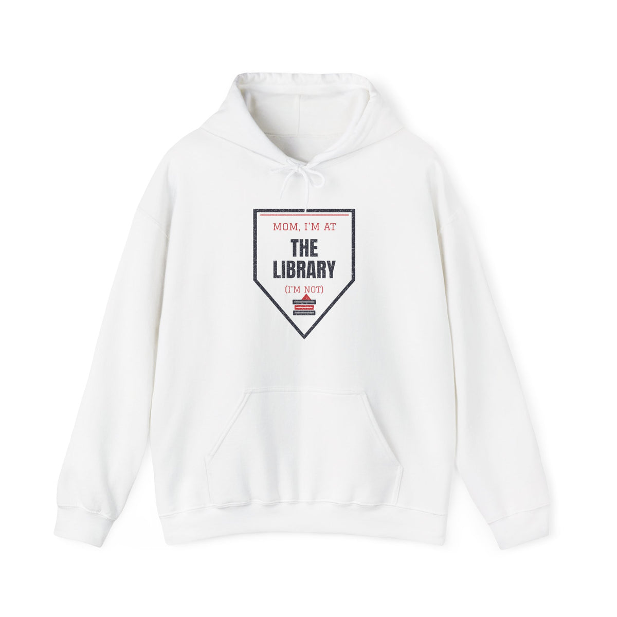 White college hoodie with front pouch pocket and Library graphic