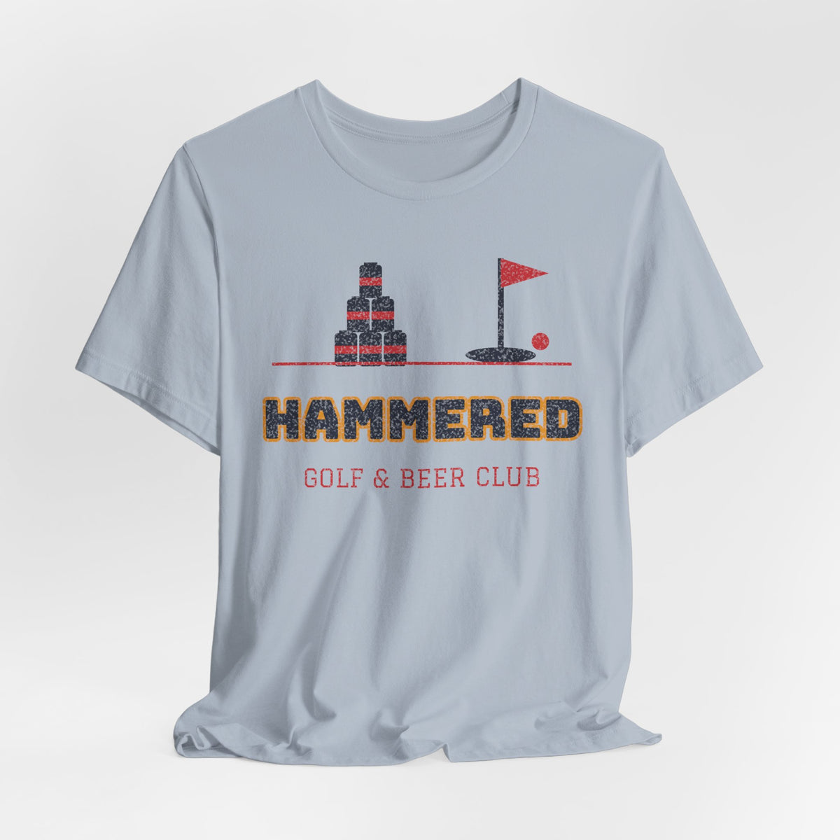 Light blue crew-neck T-shirt with “Hammered” golf & beer club front graphic