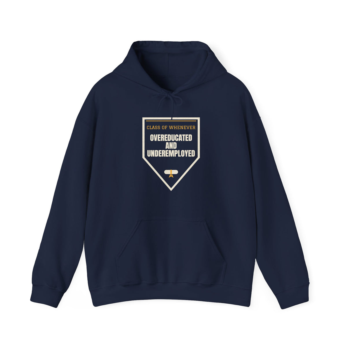 Navy pullover hoodie with front pocket, drawstring hood, and graduation-style graphic