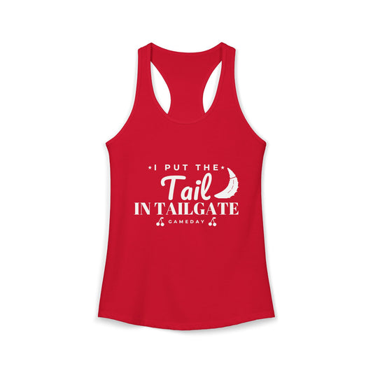 Red racerback tank top with printed slogan graphic, sleeveless curved hem