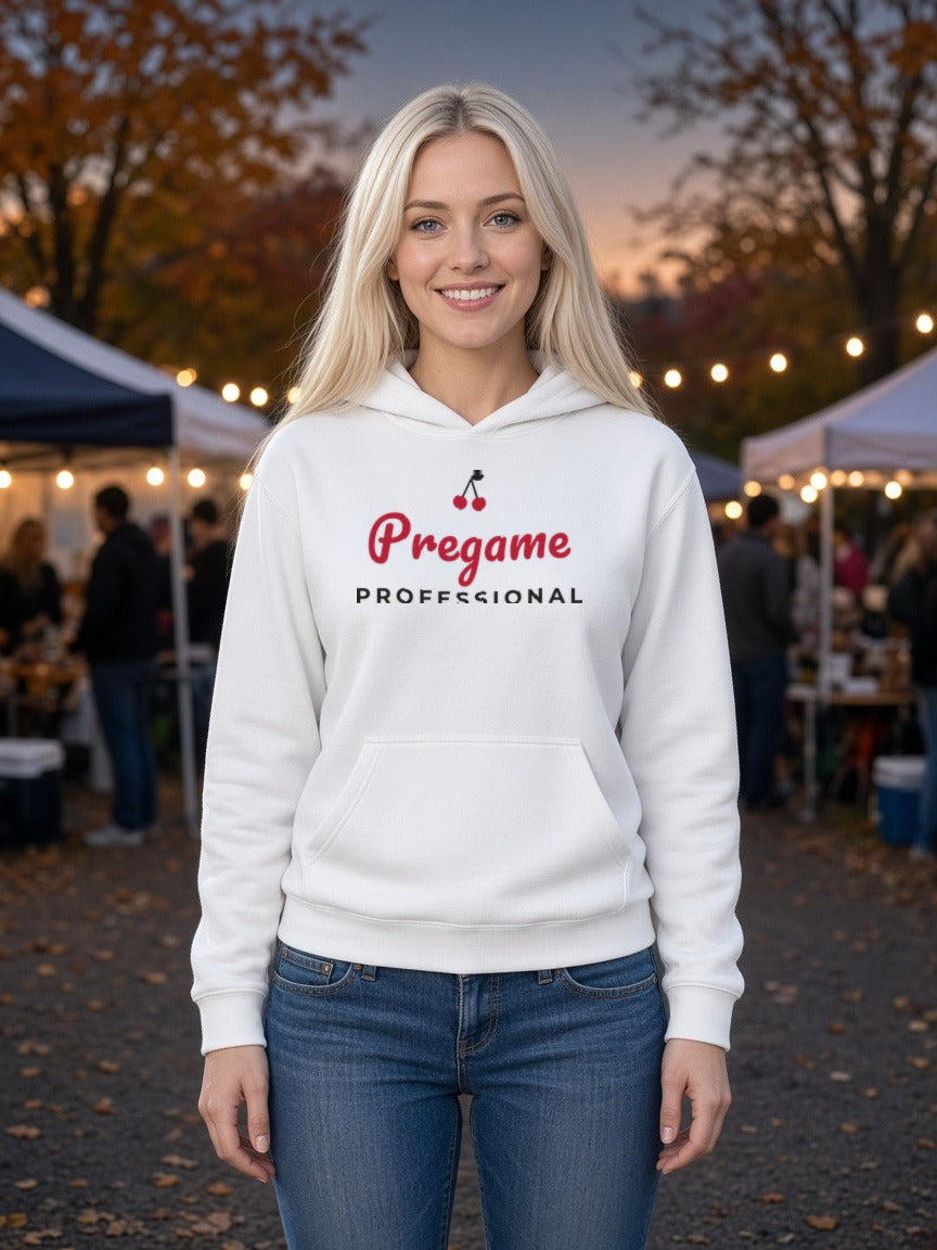 White women's hoodie with front pocket and drawstring hood, Pregame Professional logo