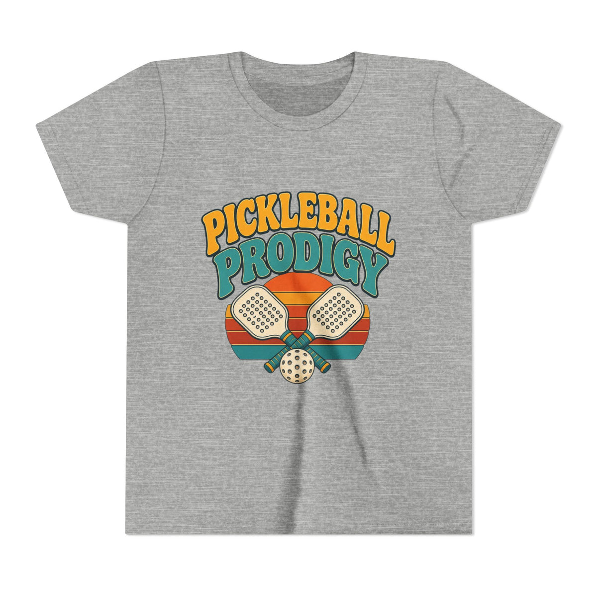 Kids ash gray pickleball tee with colorful "Pickleball Prodigy" graphic and paddles