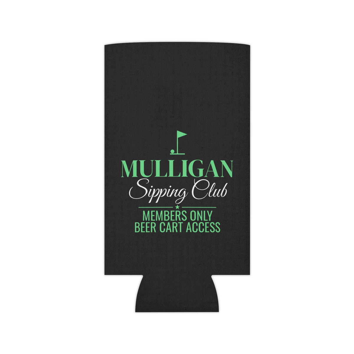 Black can cooler koozie with centered green logo and text on front.