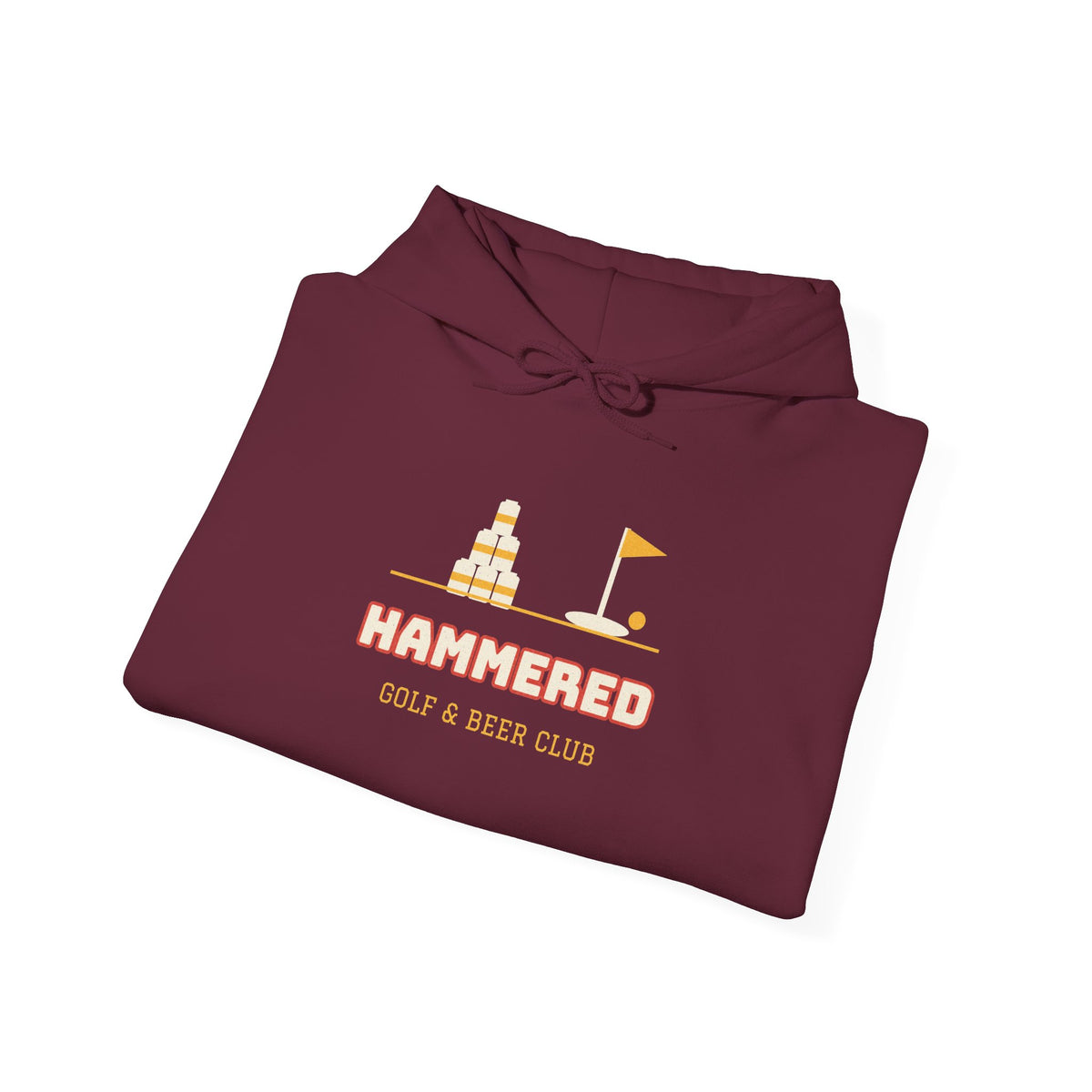 Maroon hoodie with HAMMERED golf & beer club logo graphic.