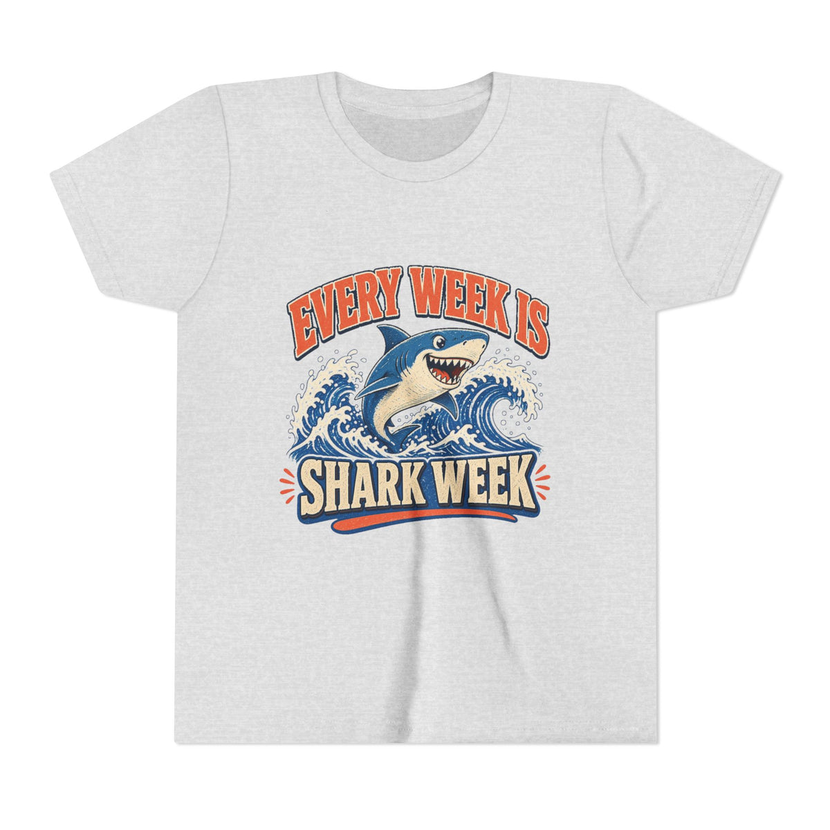 Kids graphic T-shirt, athletic heather, front with blue shark “Shark Week” design
