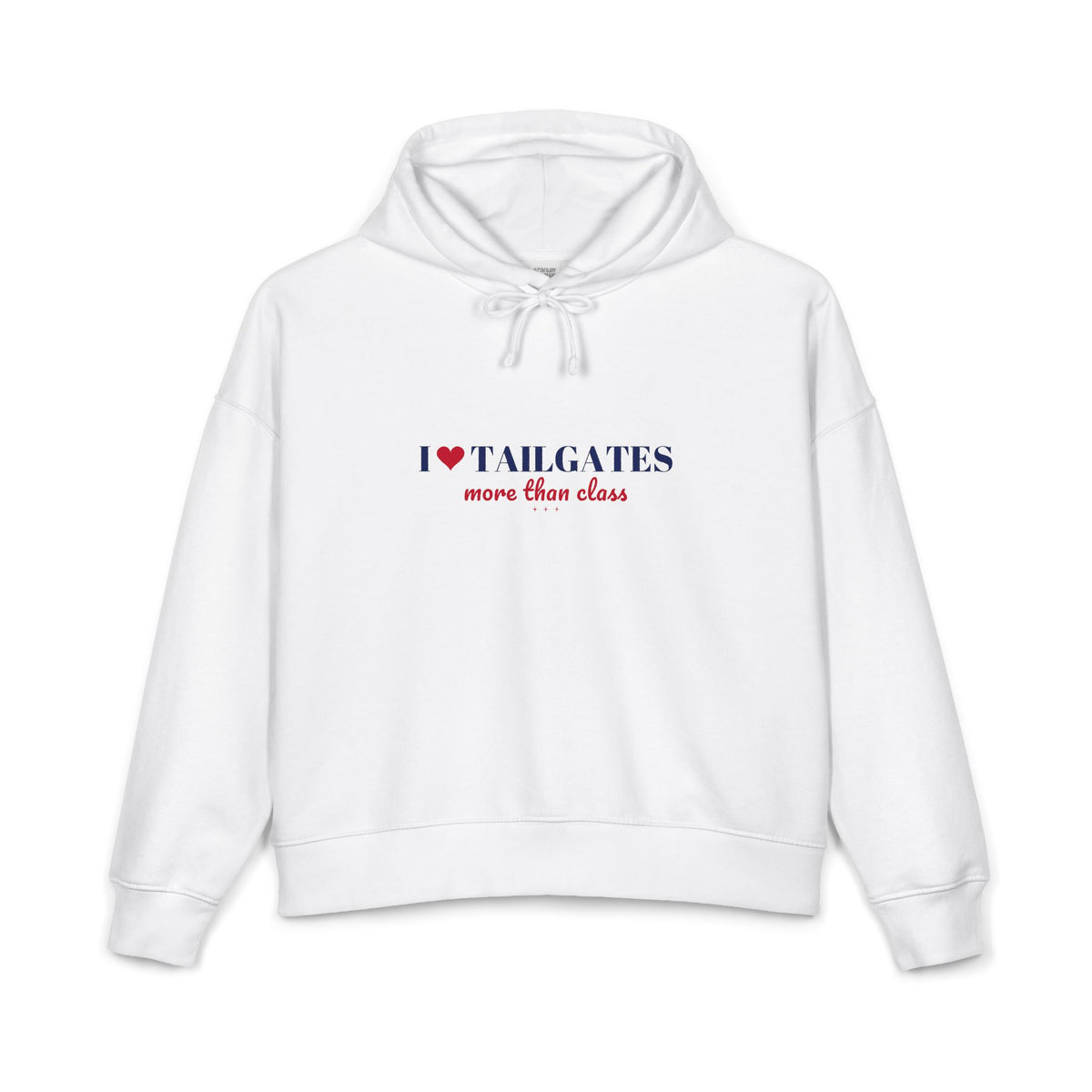 White women's pullover hoodie with drawstring hood and chest graphic
