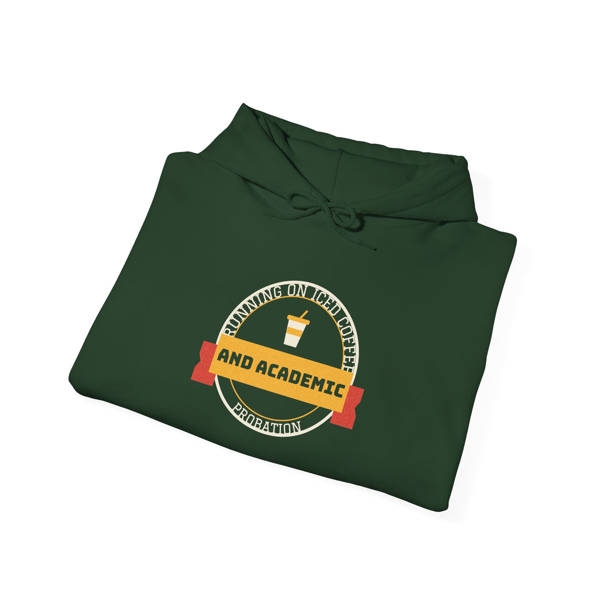 Forest green pullover hoodie with printed college emblem on front