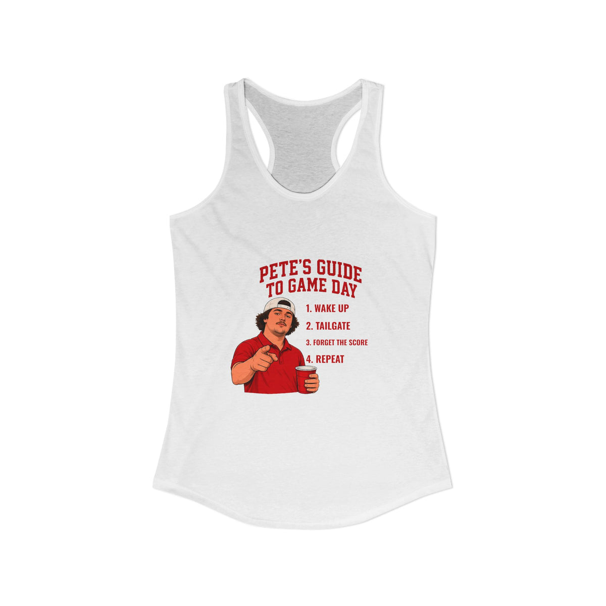 White racerback tank top with central chest graphic and racerback neckline