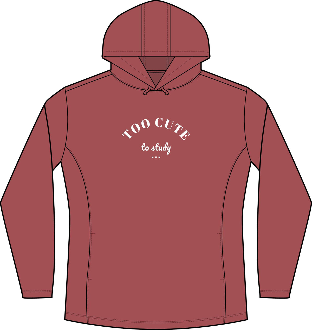 Women's deep red heather hoodie with front "Too Cute to study" graphic and drawstring hood