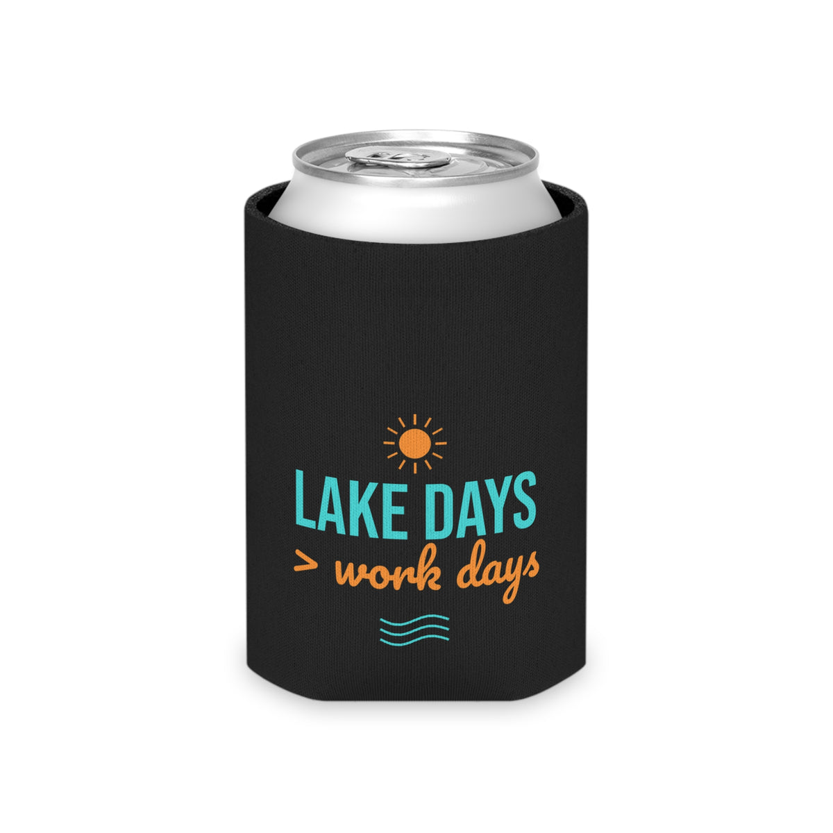 Black can koozie sleeve with open top and Lake Days > work days graphic