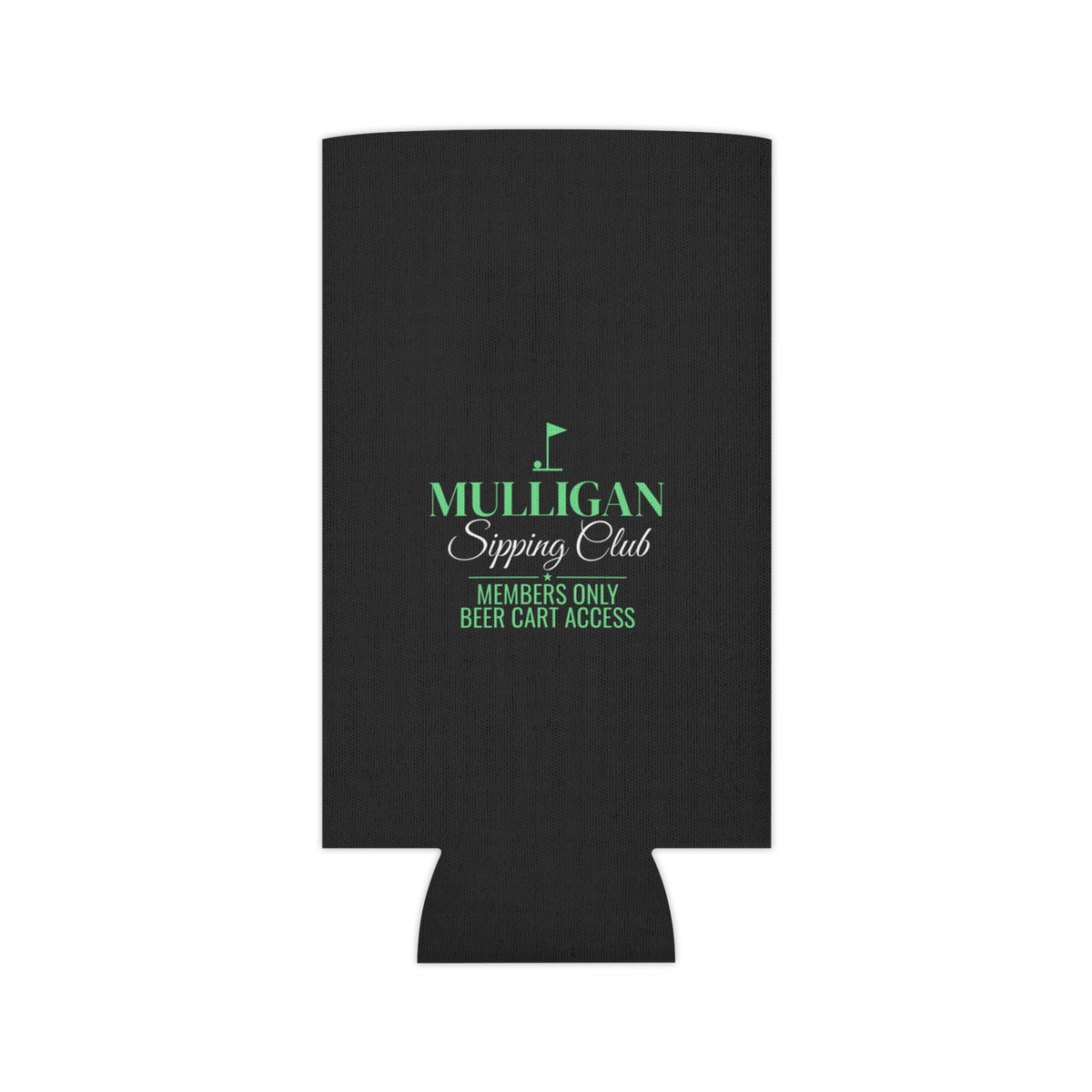 Black koozie with small green logo and text on the front panel.